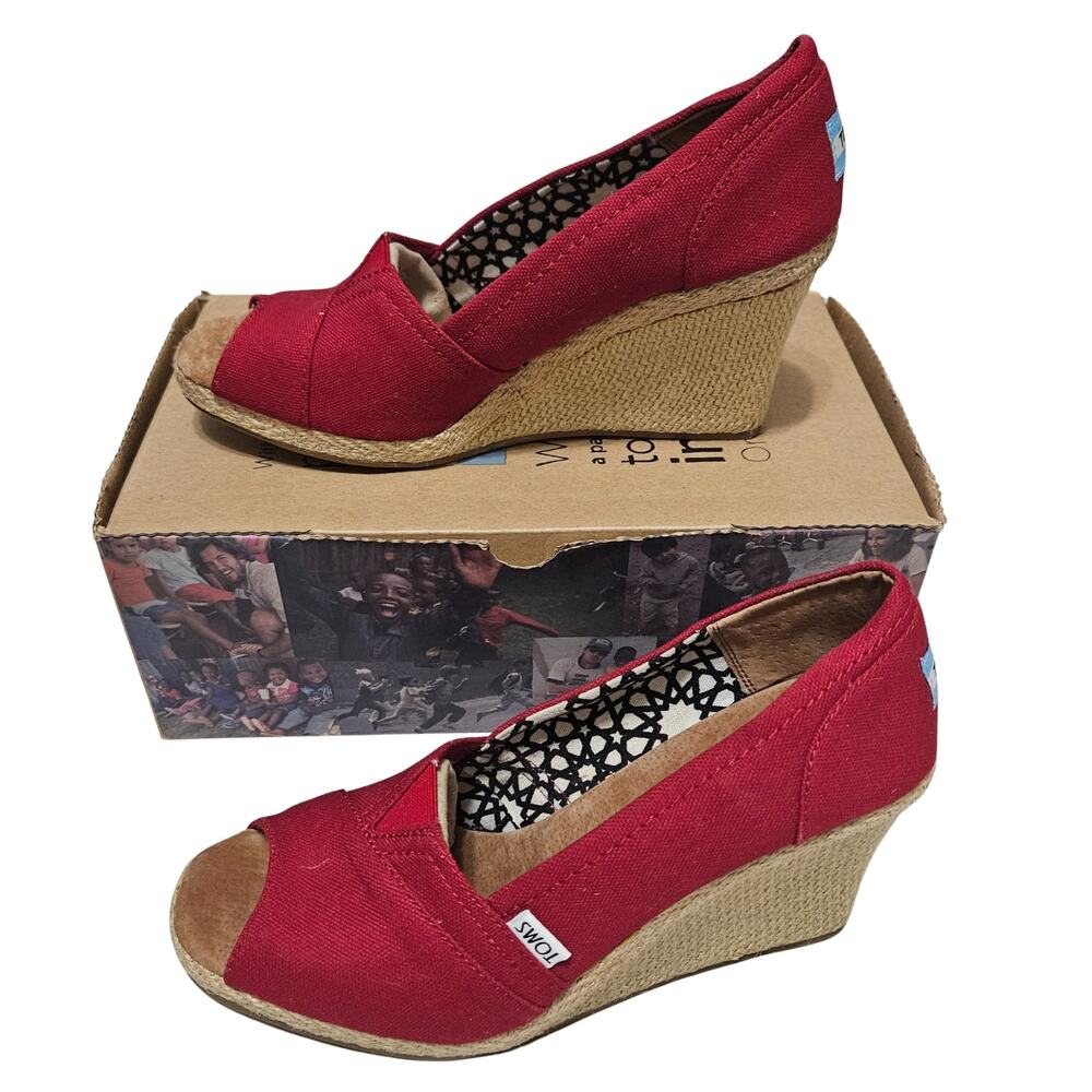 TOMS Red Classic Alpargata Slip-on Wedge Sandal Canvas Open Toe Heel Size 8.5